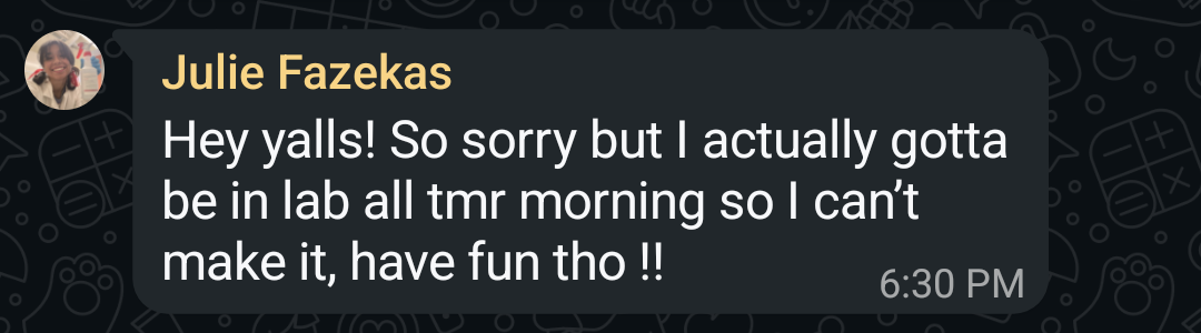 Julie backs out of Meridian hike text message